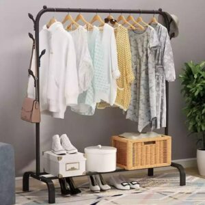Clothing Rack With Lower Storage Shelf for Boxes /Shoes And Side Hooks